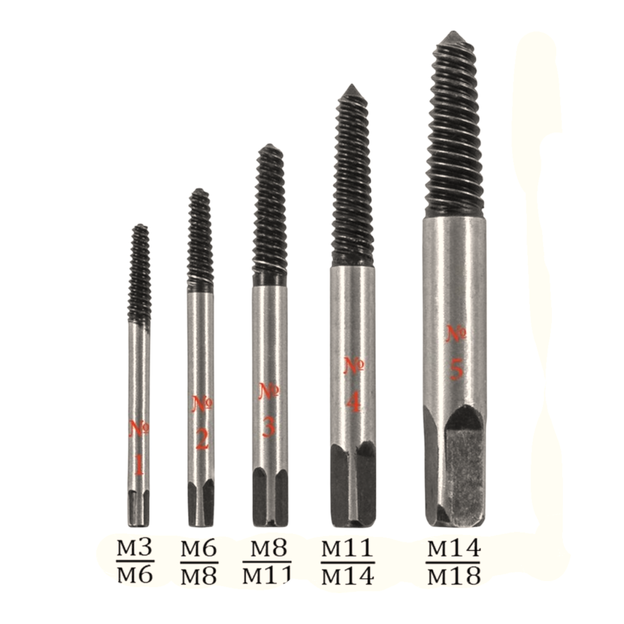 Набор экстракторов болтов HSS, 5 предметов, М3-М18, в пластиковом футляре оптом